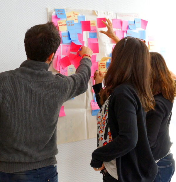 3 personnes de dos devant un mur de post it durant un atelier
